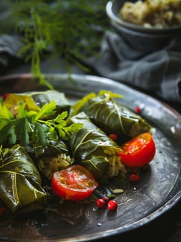 Armenian dolma on a plate, grape leaves stuffed with meat and rice. A traditional and flavorful dish from Armenia