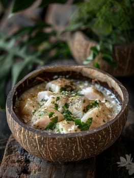 Fijian kokoda in a coconut bowl, raw fish marinated in lime juice and coconut milk. A traditional and refreshing dish from Fiji