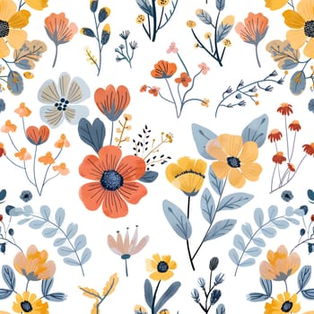 A creative arts design with a seamless pattern of orange flowers and leaves on a white background, forming a beautiful floral motif. Perfect for textiles or art projects