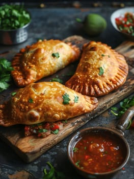 Chilean empanadas on a rustic wooden board, with a side of pebre sauce. A traditional and flavorful dish from Chile