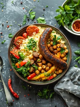Algerian couscous in a large bowl, with vegetables, chickpeas, and spicy merguez sausage. A flavorful and traditional dish from Algeria