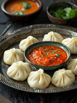 Nepalese momo on a steamer tray, served with a tomato-based dipping sauce. A traditional and flavorful dish from Nepal