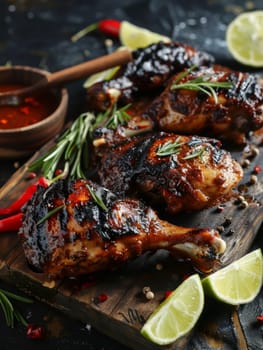 Jamaican jerk chicken on a wooden plank, with charred limes and a spicy sauce. A flavorful and traditional dish from Jamaica