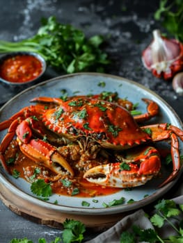 Singaporean chili crab on a plate, with a spicy tomato chili sauce and fresh herbs. A traditional and flavorful dish from Singapore