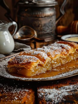 Austrian apfelstrudel on an antique plate, with a dusting of powdered sugar and a side of vanilla sauce. A classic and delightful dessert from Austria
