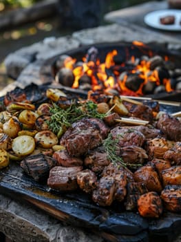 New Zealand hangi served on a platter, showing meats and vegetables cooked in an earth oven. A traditional and flavorful dish from New Zealand