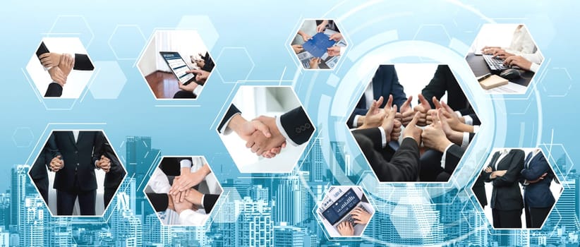Teamwork and human resources HR management technology concept in corporate business with people group networking to support partnership, trust, teamwork and unity of coworkers in office vexel