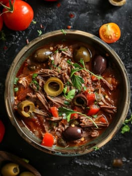 Cuban ropa vieja in a traditional dish, with shredded beef, tomatoes, and olives. A flavorful and classic dish from Cuba.