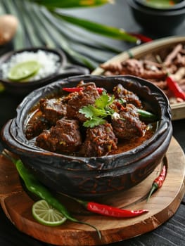 Indonesian rendang in a clay pot, slow-cooked beef in coconut milk and spices. A rich and flavorful dish from Indonesia