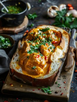 South African bunny chow in a hollowed-out bread loaf, filled with spicy curry. A unique and flavorful dish from South Africa