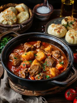Hungarian goulash in a rustic stew pot, served with a side of fluffy dumplings. A hearty and comforting dish from Hungary