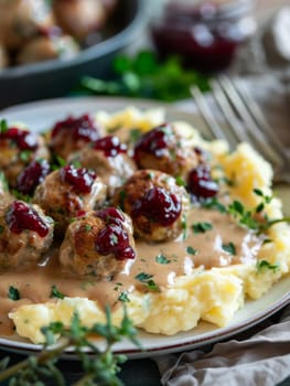 Swedish meatballs on a plate with creamy gravy, lingonberry jam, and mashed potatoes, a classic and comforting Swedish dish