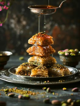 A delightful display of Turkish baklava, featuring layers of filo dough, nuts, honey, and pistachios, a classic Turkish dessert