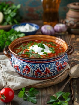 Ukrainian borscht, a traditional soup made with beetroot and vegetables, garnished with sour cream and fresh parsley, served in a rustic pot