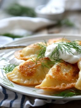 Polish pierogi, traditional dumplings filled with potato, cheese, or meat, served with sour cream and fresh dill on a white plate