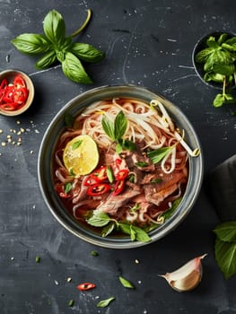 Aromatic Vietnamese pho, a traditional dish featuring noodles, beef slices, and fresh herbs in a flavorful broth. A popular and delicious meal from Vietnam's culinary heritage