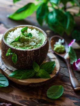 Thai green curry served in a coconut shell, accompanied by fragrant jasmine rice and fresh basil leaves. A delicious and aromatic dish representing the flavors of Thailand