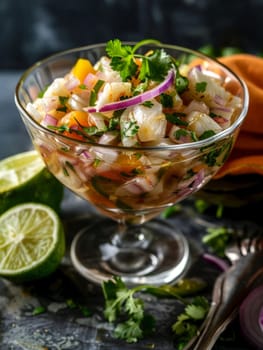 Peruvian ceviche in a glass bowl, featuring fresh fish marinated in lime juice with onion and cilantro. A popular appetizer representing the vibrant flavors of Peru