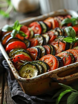 French ratatouille presented in a rustic baking dish, showcasing colorful slices of zucchini, tomato, eggplant, and bell pepper. A traditional Provencal vegetable stew bursting with Mediterranean