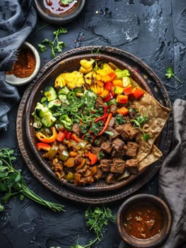 Traditional Ethiopian injera platter featuring a variety of spicy stews and vegetable sides. A flavorful and aromatic African meal showcasing the diversity of Ethiopian cuisine