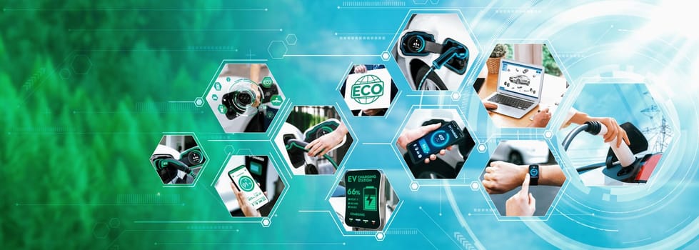 EV electric car vehicle charging and sustainable LCA green energy technology presented in panoramic banner photo collage showing eco friendly view of electric vehicle and hybrid car for future ESG