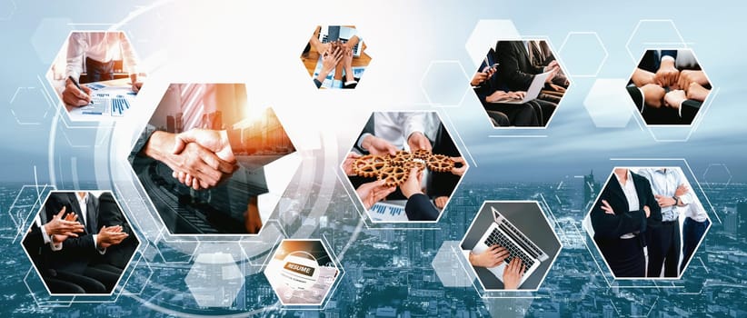 Teamwork and human resources HR management technology concept in corporate business with people group networking to support partnership, trust, teamwork and unity of coworkers in office vexel