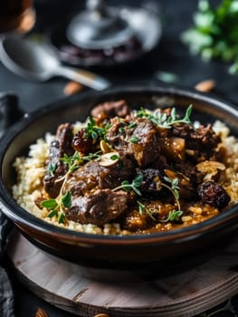 Traditional Moroccan tagine with lamb, prunes, and almonds, garnished with fresh herbs. A flavorful North African dish cooked in a distinctive earthenware pot