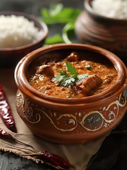 Close-up of spicy Indian curry served in a traditional clay pot with rice on the side. A flavorful and aromatic dish representing the rich culinary heritage of India