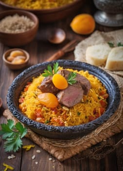 Azerbaijani plov in an ornate dish, rice pilaf with saffron, apricots, and lamb. A traditional Azerbaijani dish known for its rich flavors and aromatic rice