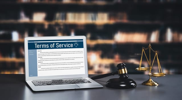 Online term of service conditions showing savvy rules and regulations in using the website on a laptop computer screen for users to make an agreement