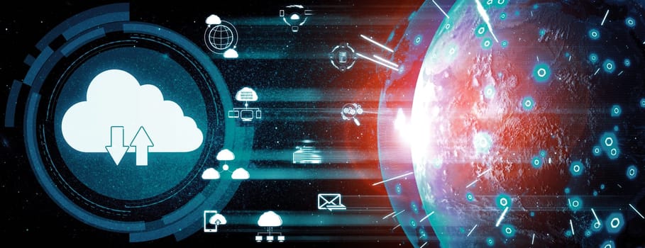 Cloud computing technology and online data storage for business network concept. Computer connects to internet server service for cloud data transfer presented in 3D futuristic graphic interface. uds
