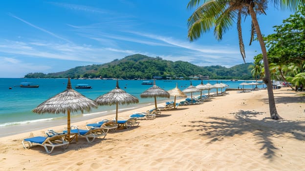 The beach is adorned with numerous chairs and umbrellas providing shade for visitors. Surrounded by water, sky, and clouds, its a perfect natural landscape to enjoy nature