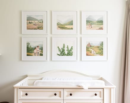 Nursery gallery wall, home decor and wall art, framed art in the English country cottage interior, room for diy printable artwork mockup and print shop idea