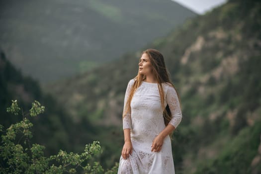 A woman in a white dress stands on a mountain top, looking out over the landscape. The scene is serene and peaceful, with the woman's long hair blowing in the wind