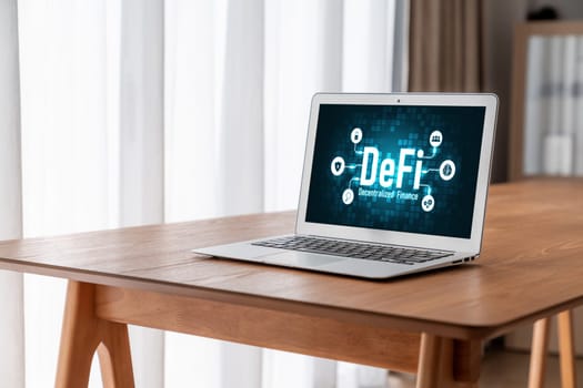 Decentralized finance or DeFi concept on modish computer screen . The defi system give new choice of investment and money saving .