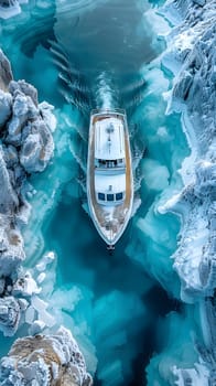 An electric blue boat gracefully gliding on a fluid body of water surrounded by ice, showcasing naval architecture against an azure backdrop