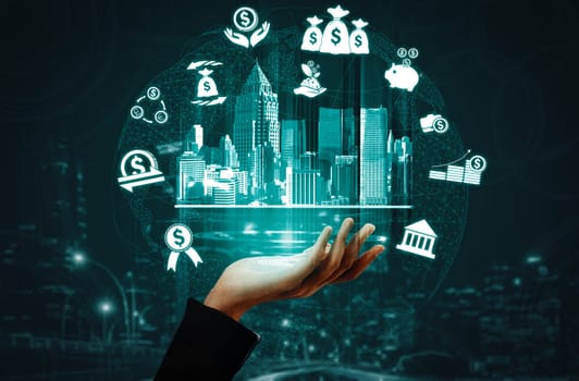 Finance and Money Transaction Technology Concept. Icon Graphic interface showing fintech trade exchange, profit statistics analysis and market analyst service in modern computer application. uds