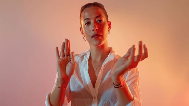 The picture of the interpreter is using the hand signal with the red background as the wallpaper, the interpreter require skill like the culture awareness and proficiency in multiple languages. AIG43.