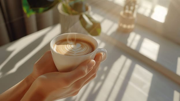 The close up picture of the person is holding the cup of the coffee by their own hand to relax inside the living room for the relaxation near the window that has been shine with the sunlight. AIG43.