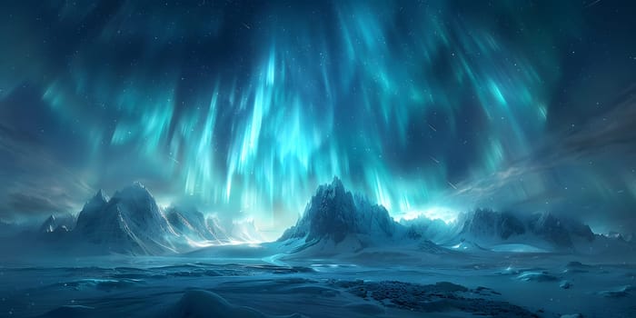 The aurora borealis, an atmospheric phenomenon, is illuminating the Arctic mountains with vibrant shades of aqua and green, creating a stunning natural art display in the sky