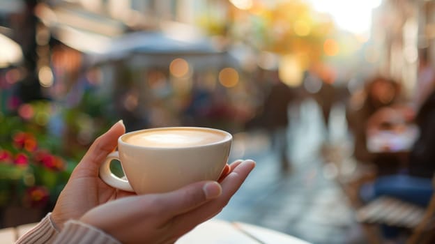 The close up picture of the person is holding the cup of the coffee by their own hand to relax inside the coffee shop for the relaxation near the street in the city that surrounded by building. AIG43.