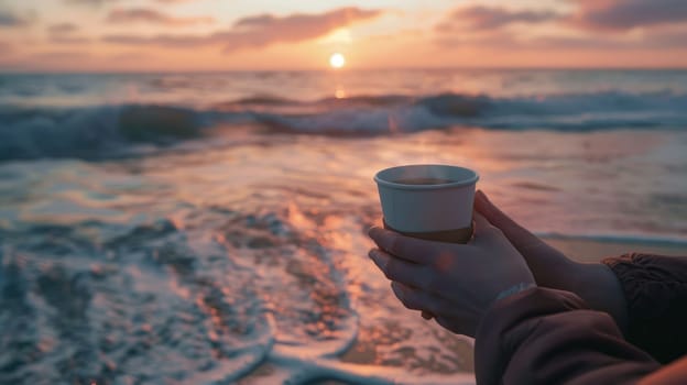 The close up picture of the person is holding the cup of the coffee by their own hand also walking at the side of the beach near the sea or an ocean that has been shine by the light from a sun. AIG43.