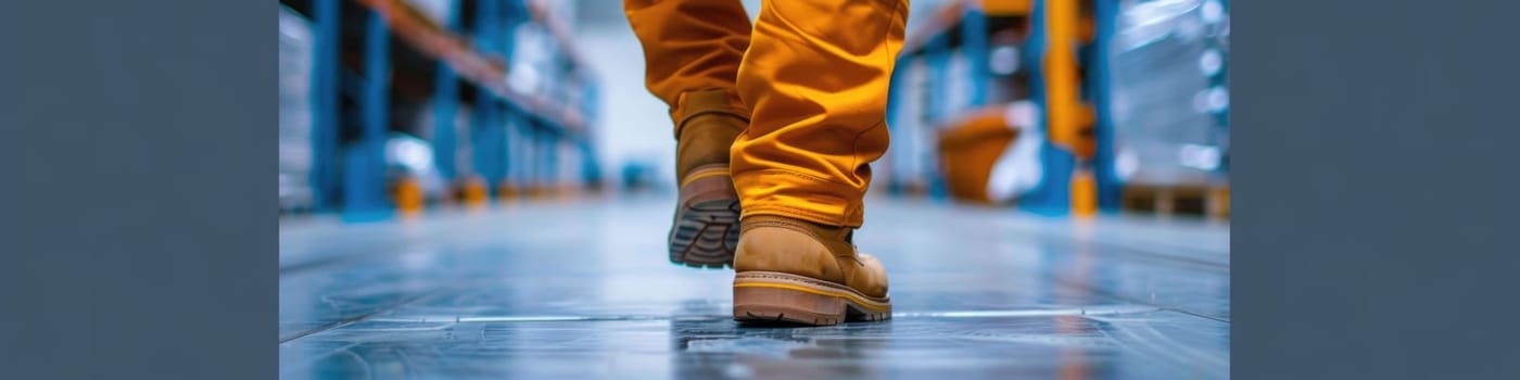 The close up picture of the worker is walking inside the factory warehouse while wearing the safety shoes, the factory worker require skill like technical knowledge, safety awareness, strength. AIG43.