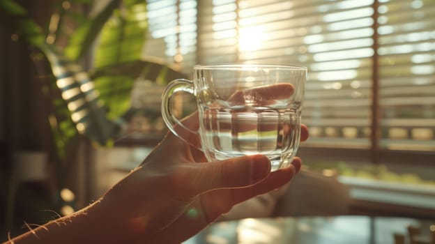 The close up picture of the person is holding the cup of the clear water by their own hand to relax inside the living room for the relaxation near the window that has been shine with sunlight. AIG43.