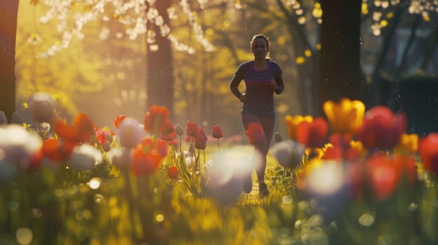 The picture of the runner is running in park that has been filled with flower, the jogging is the type of the cardio sport, the running sport require endurance training and proper running form. AIG43.