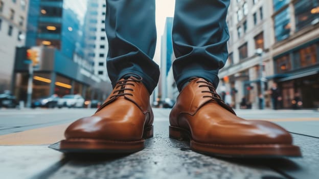 The picture of the person is working as business person and walking to work in street of the city, the businessman require skill like management, negotiation, marketing and the communication. AIG43.