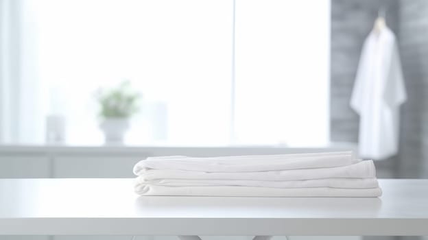 Folded towels on countertop with laundry machine in background. White towel on table in front of washing machine with blurred background. Home comfort and modern lifestyle for interior design. AIG35.