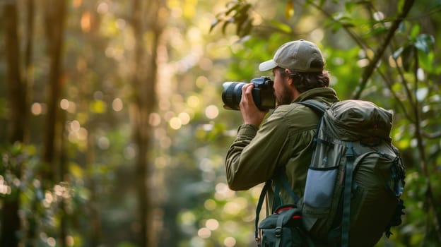 The picture of the professional photographer shooting the picture of nature with the camera and beautiful forest under the sun light, the cameraman require photography knowledge and creative. AIG43.