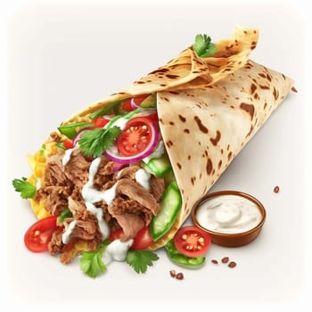 Shawarma with meat and vegetables on a white background isolate. Generative AI,
