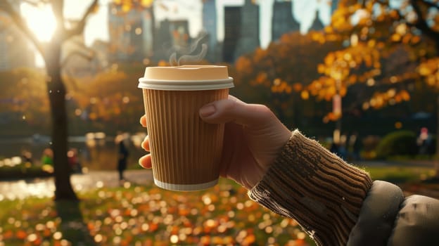 The close up picture of the person is holding the cup of the coffee by their own hand to relax inside the park for the relaxation also has been filled with trees and plants in the bright day. AIG43.